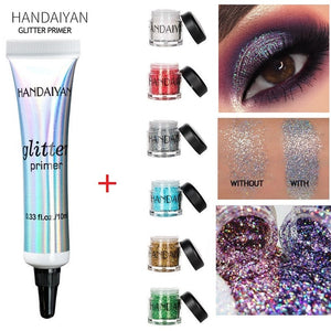 HANDAIYAN Holographic Glitter Sequins Eye Shadow + Eye Prime Shimmer Diamond Face Body Shiny Skin Festival Makeup TSLM1